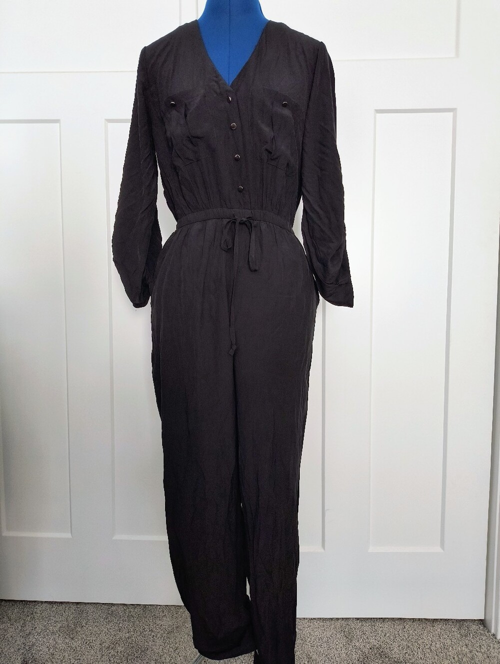 Black V-Neck Button-Front Long Sleeve Jumpsuit